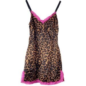 Tripp NYC Y2K Women's Leopard Cheetah Print Slip Dress Size S Pink Lace Trim 00s